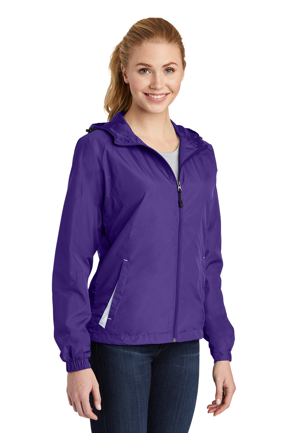 Sport-Tek LST76 Womens Water Resistant Full Zip Hooded Jacket Purple/White Model 3q