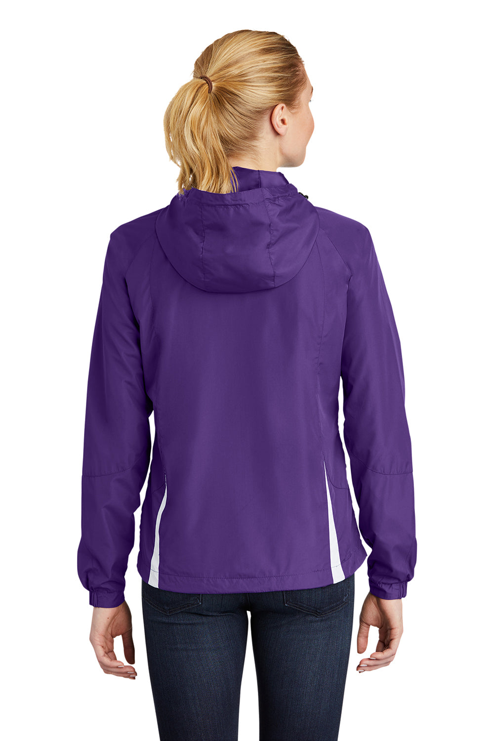 Sport-Tek LST76 Womens Water Resistant Full Zip Hooded Jacket Purple/White Model Back