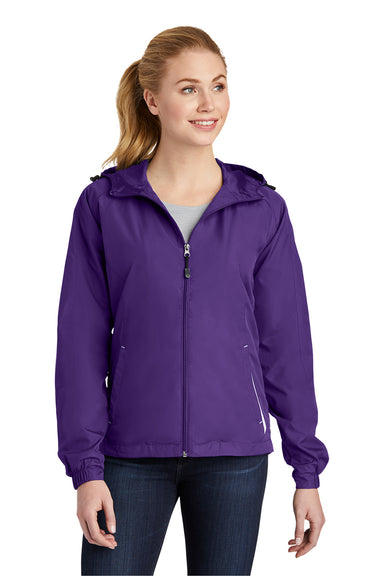 Sport-Tek LST76 Womens Water Resistant Full Zip Hooded Jacket Purple/White Model Front