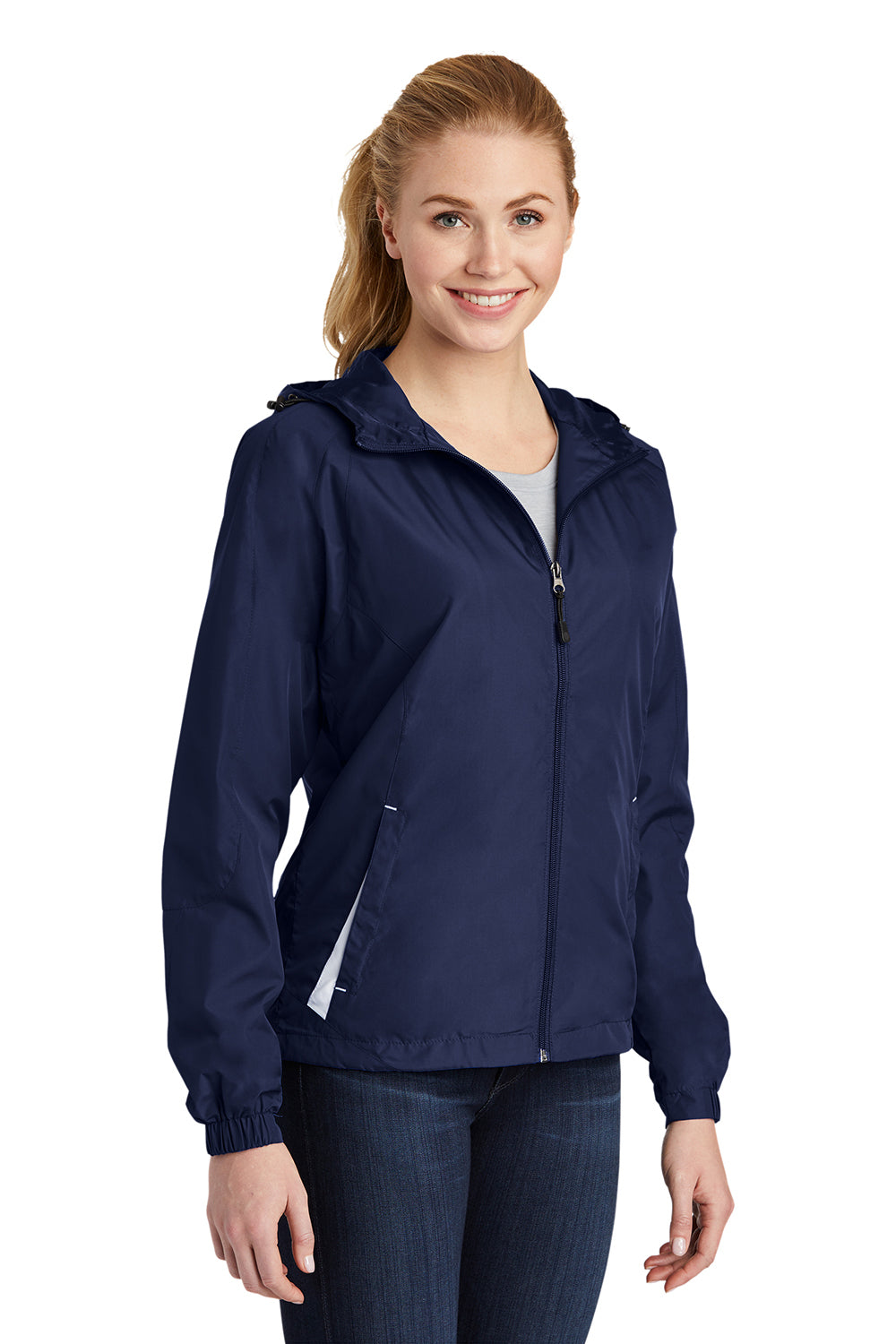 Sport-Tek LST76 Womens Water Resistant Full Zip Hooded Jacket True Navy Blue/White Model 3q