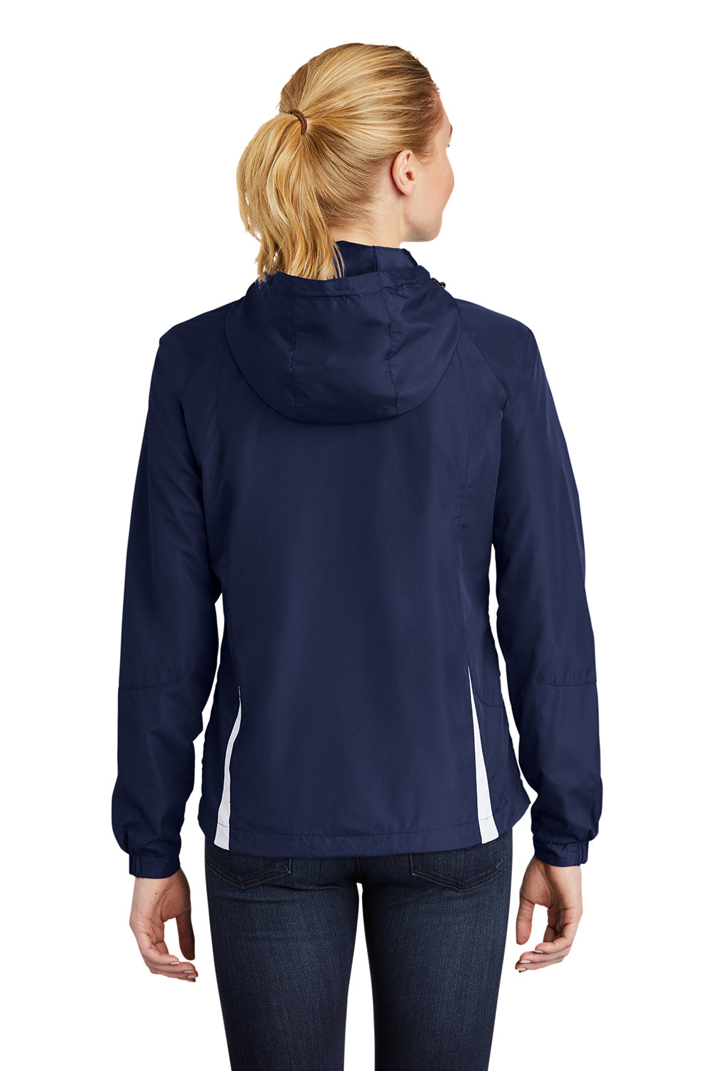 Sport-Tek LST76 Womens Water Resistant Full Zip Hooded Jacket True Navy Blue/White Model Back