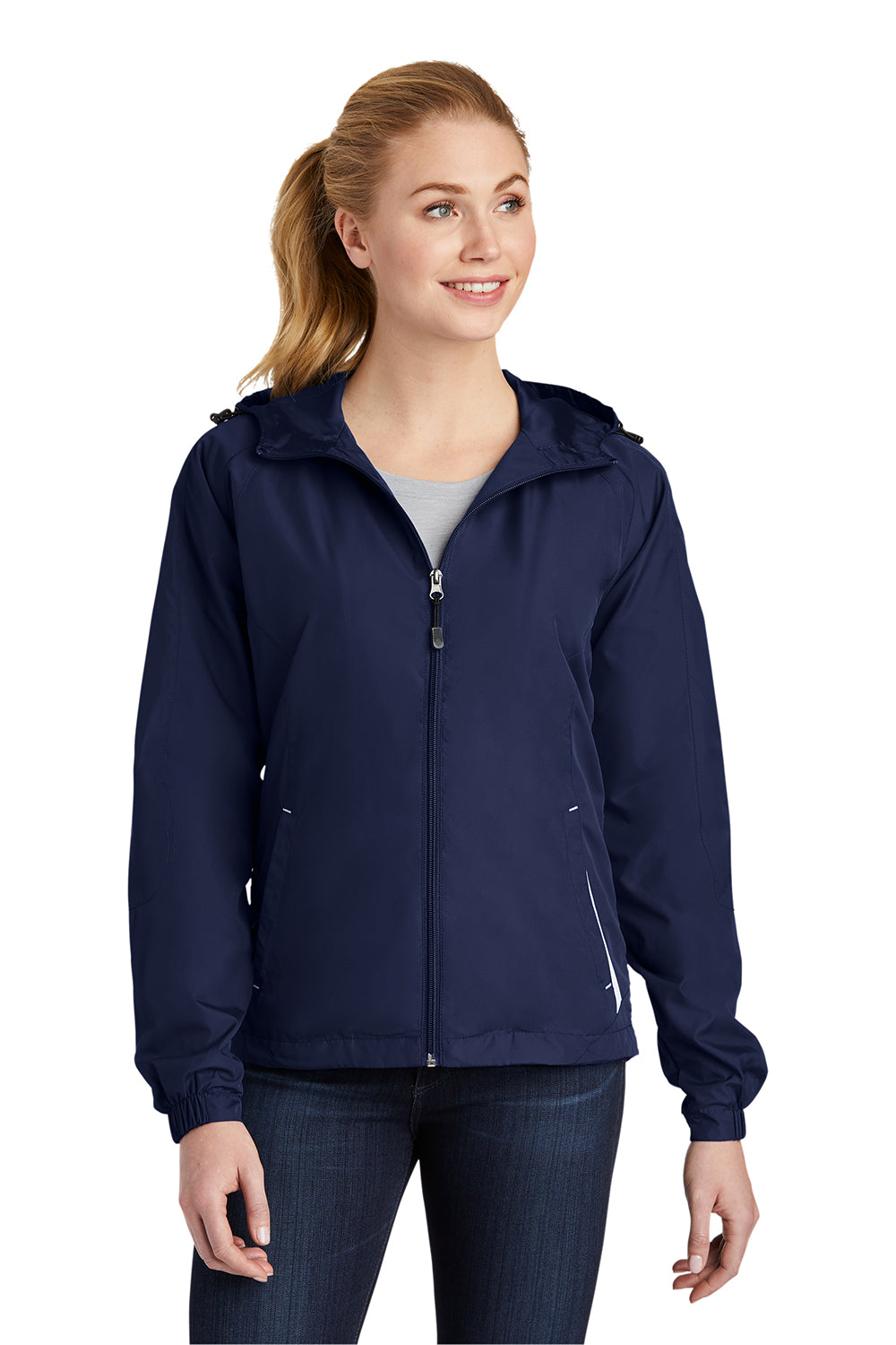 Sport-Tek LST76 Womens Water Resistant Full Zip Hooded Jacket True Navy Blue/White Model Front