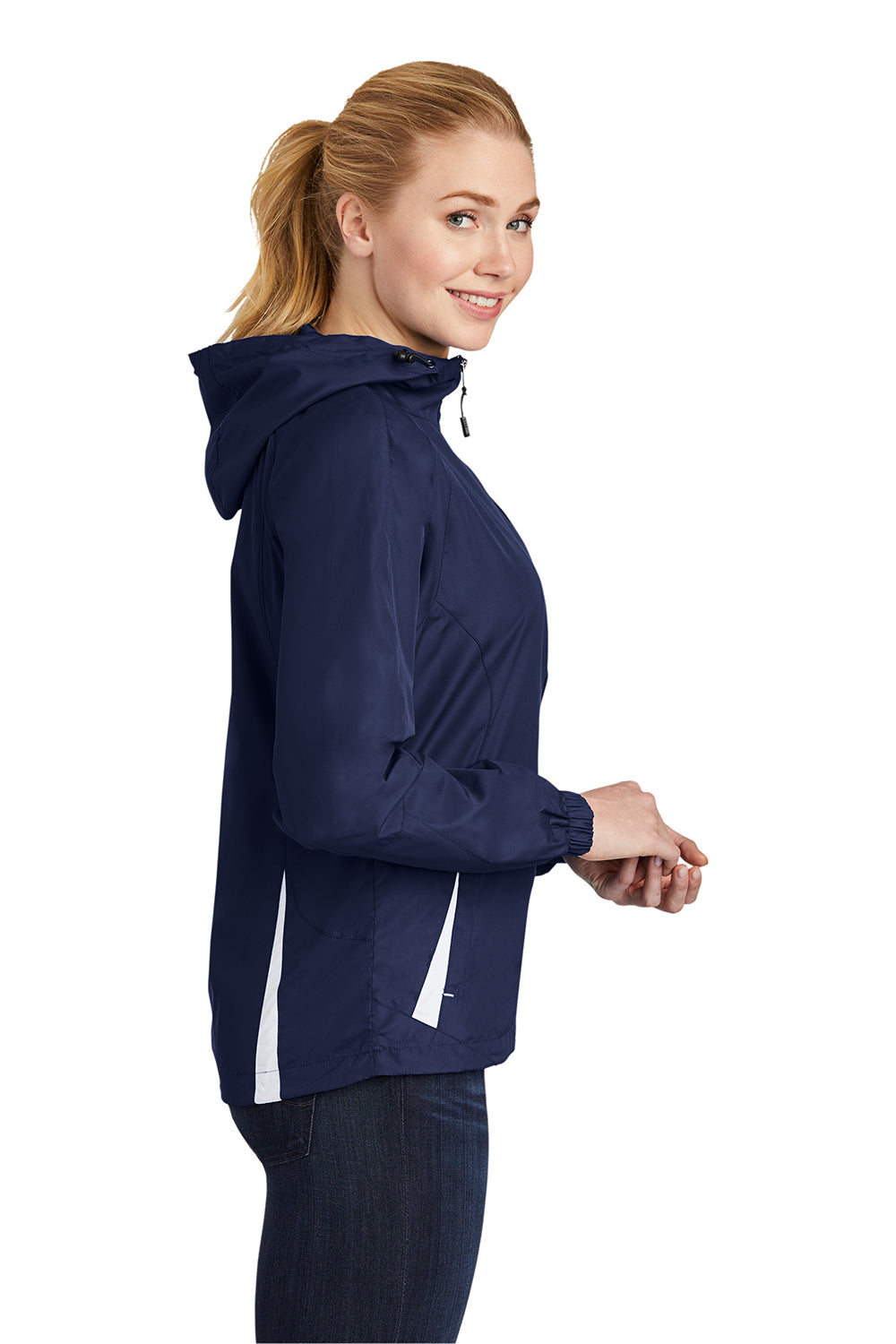 Sport-Tek LST76 Womens Water Resistant Full Zip Hooded Jacket True Navy Blue/White Model Side