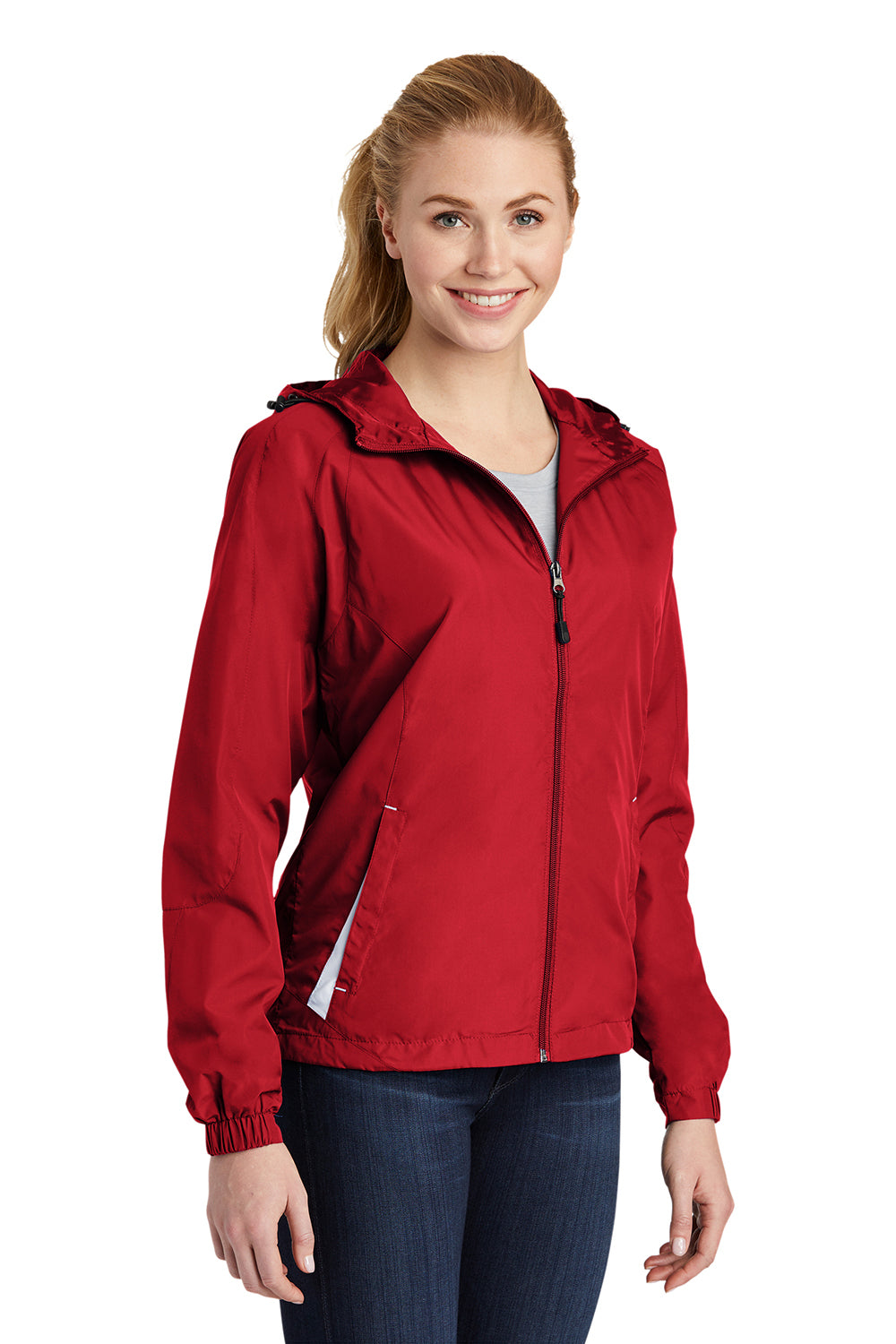 Sport-Tek LST76 Womens Water Resistant Full Zip Hooded Jacket True Red/White Model 3q