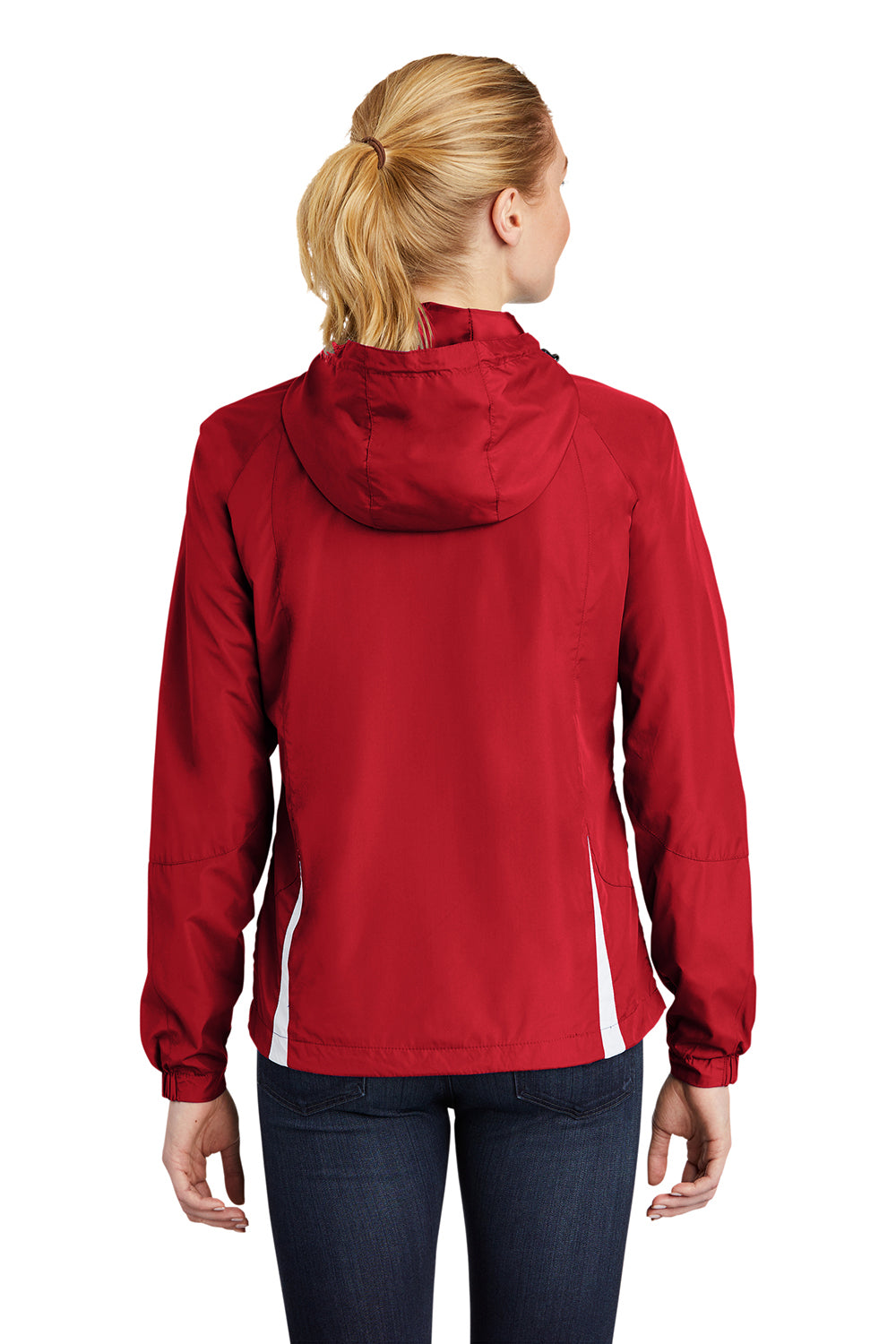 Sport-Tek LST76 Womens Water Resistant Full Zip Hooded Jacket True Red/White Model Back