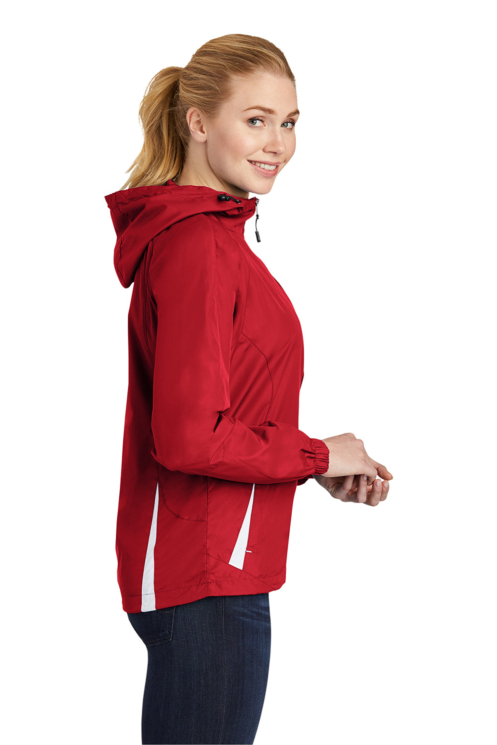 Sport-Tek LST76 Womens Water Resistant Full Zip Hooded Jacket True Red/White Model Side