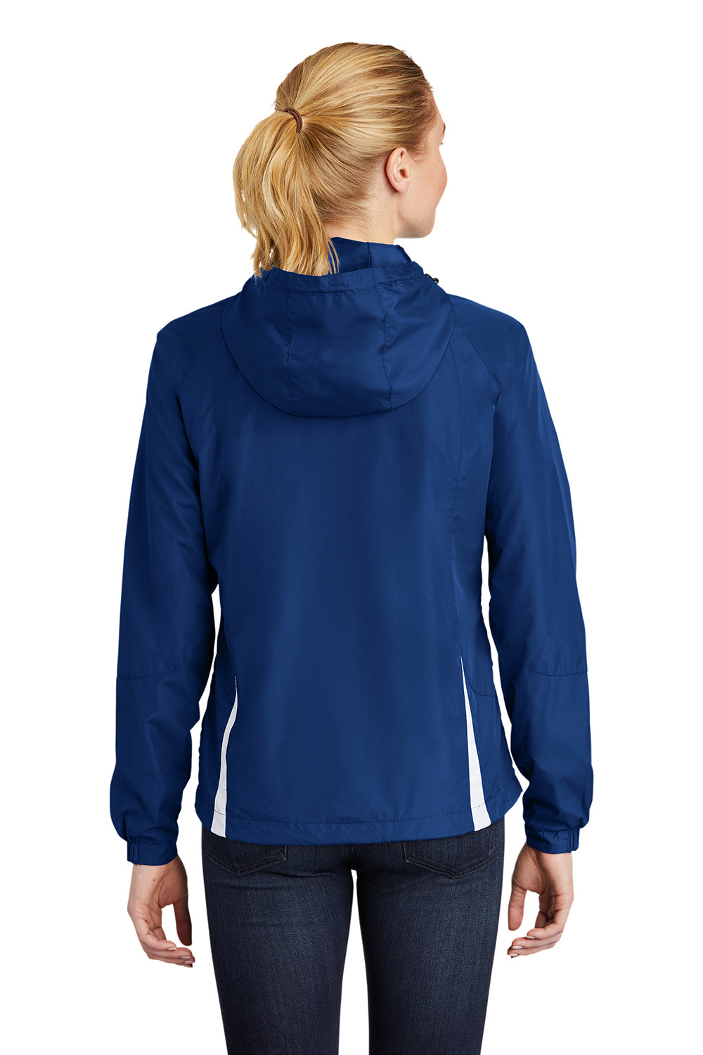 Sport-Tek LST76 Womens Water Resistant Full Zip Hooded Jacket True Royal Blue/White Model Back