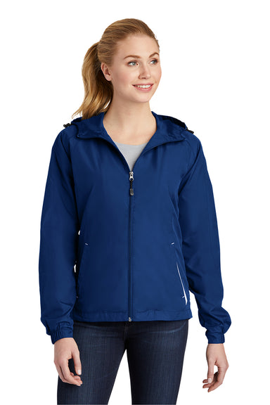 Sport-Tek LST76 Womens Water Resistant Full Zip Hooded Jacket True Royal Blue/White Model Front