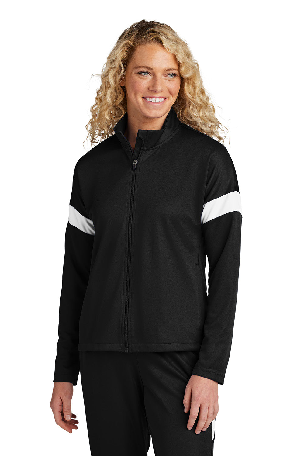 Sport-Tek LST800 Womens Travel Full Zip Jacket Black/White Model Front