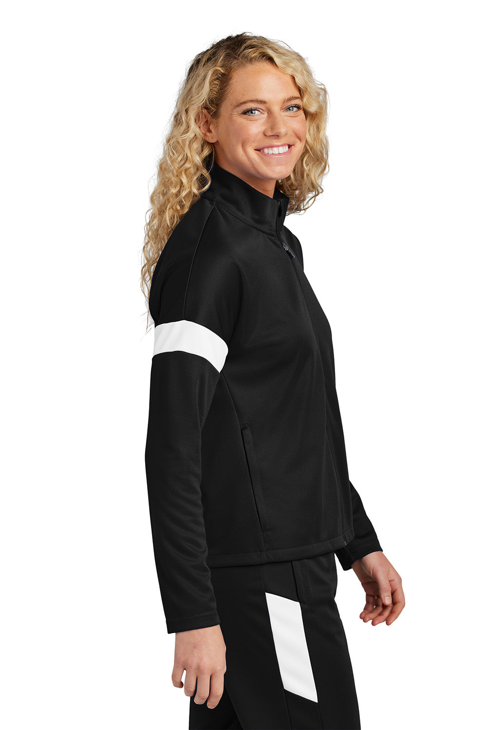 Sport-Tek LST800 Womens Travel Full Zip Jacket Black/White Model Side