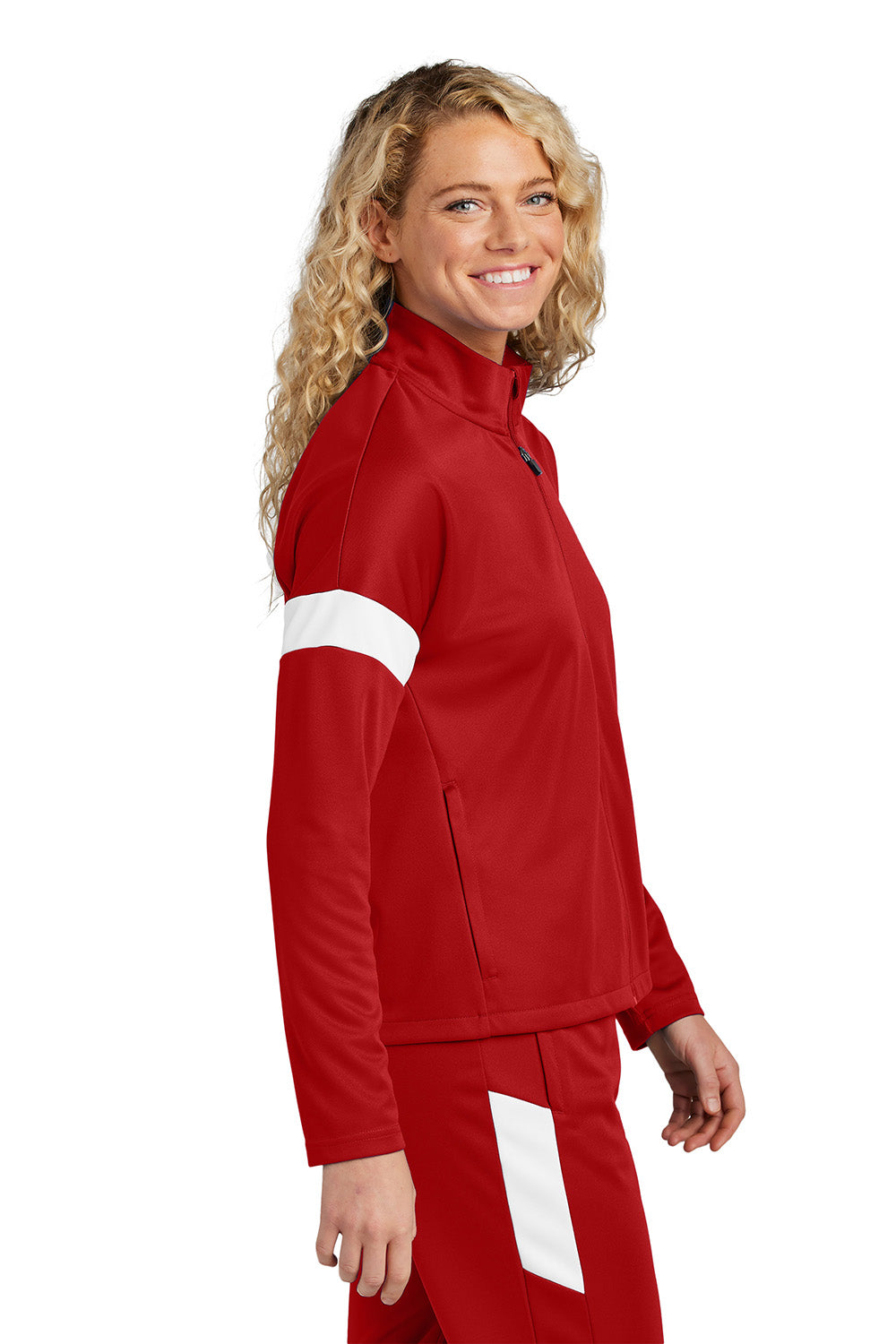 Sport-Tek LST800 Womens Travel Full Zip Jacket Deep Red/White Model Side