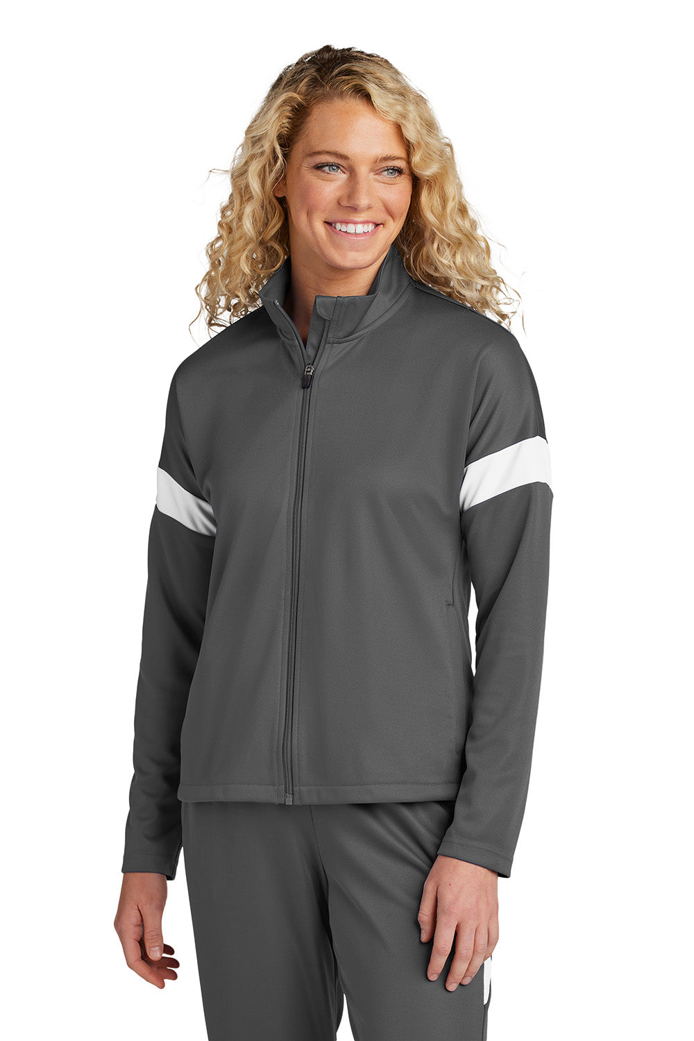 Sport-Tek LST800 Womens Travel Full Zip Jacket Iron Grey/White Model Front