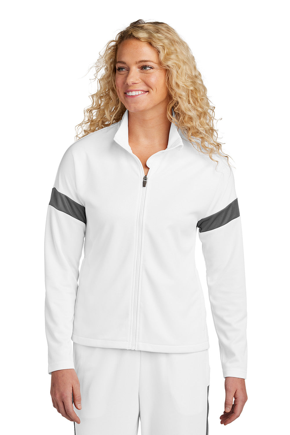 Sport-Tek LST800 Womens Travel Full Zip Jacket White/Iron Grey Model Front