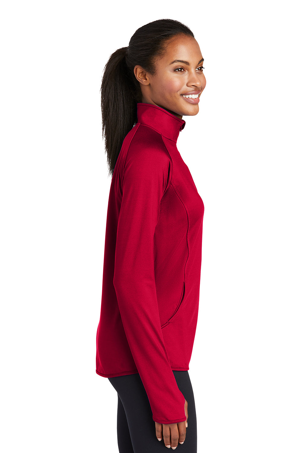 Sport-Tek LST850 Womens Sport-Wick Moisture Wicking 1/4 Zip Sweatshirt Deep Red Model Side