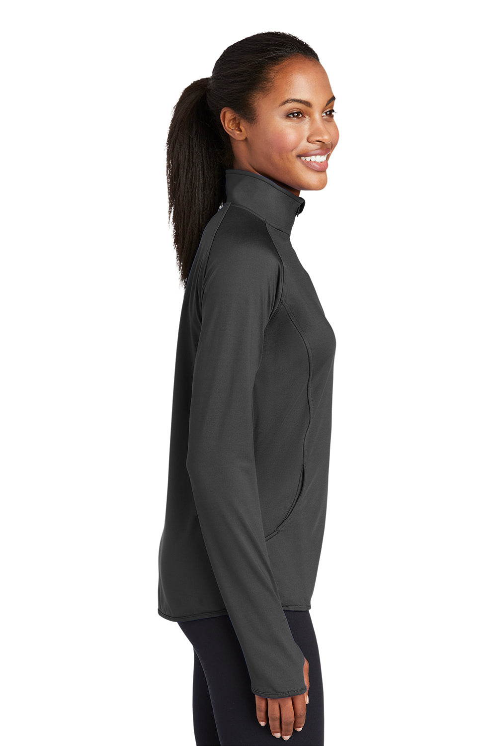 Sport-Tek LST850 Womens Sport-Wick Moisture Wicking 1/4 Zip Sweatshirt Charcoal Grey Model Side