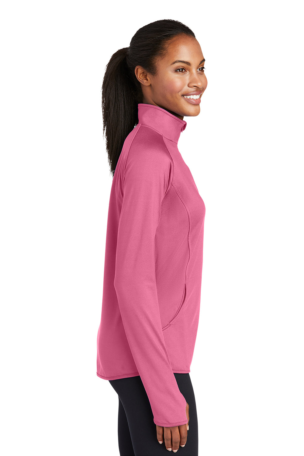 Sport-Tek LST850 Womens Sport-Wick Moisture Wicking 1/4 Zip Sweatshirt Dusty Rose Pink Model Side