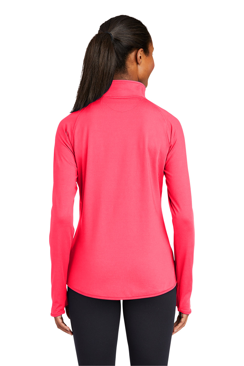 Sport-Tek LST850 Womens Sport-Wick Moisture Wicking 1/4 Zip Sweatshirt Hot Coral Pink Model Back