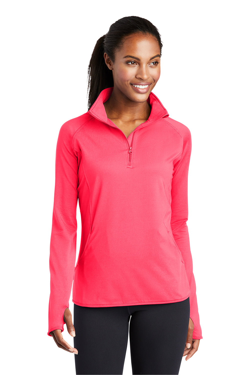 Sport-Tek LST850 Womens Sport-Wick Moisture Wicking 1/4 Zip Sweatshirt Hot Coral Pink Model Front