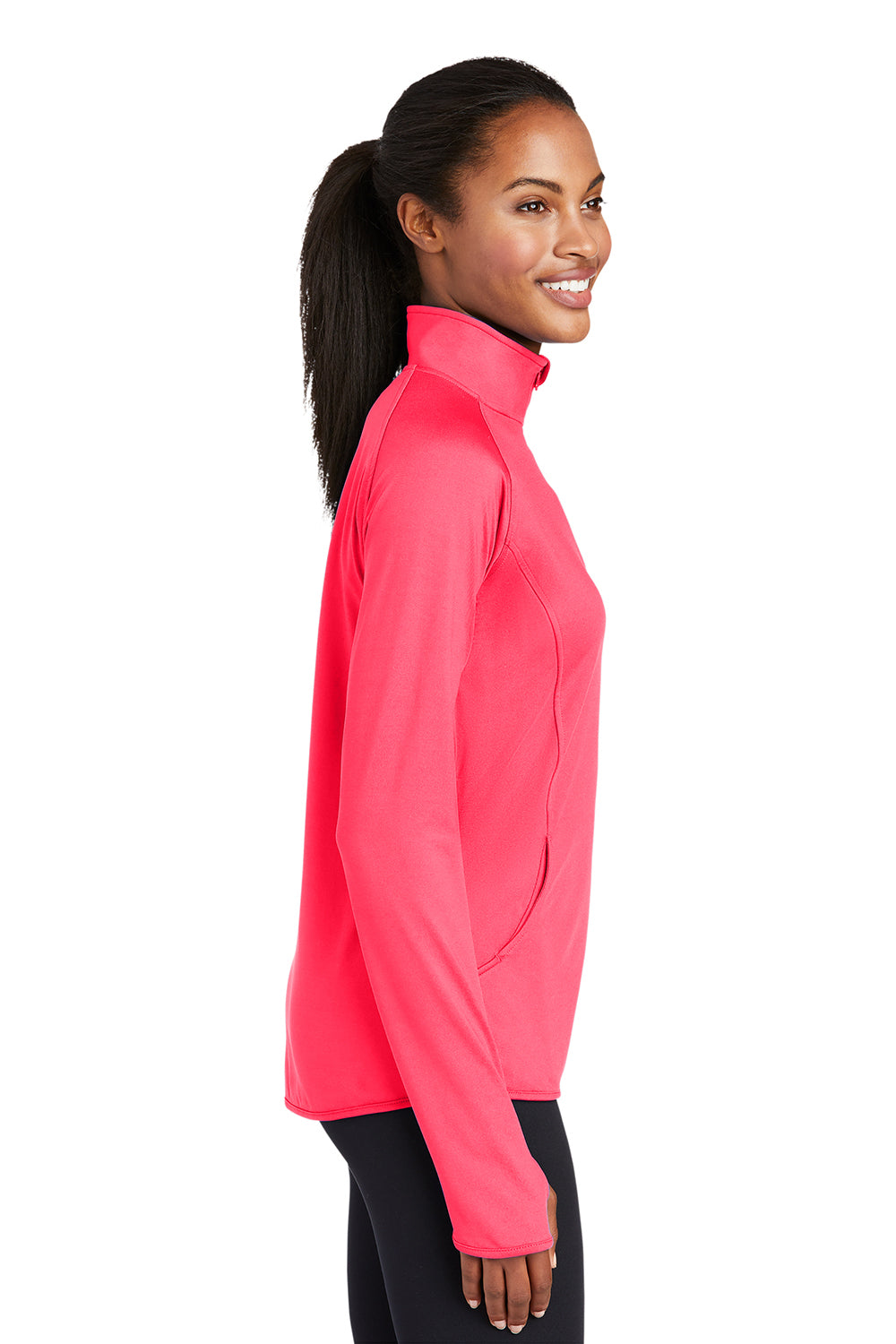 Sport-Tek LST850 Womens Sport-Wick Moisture Wicking 1/4 Zip Sweatshirt Hot Coral Pink Model Side