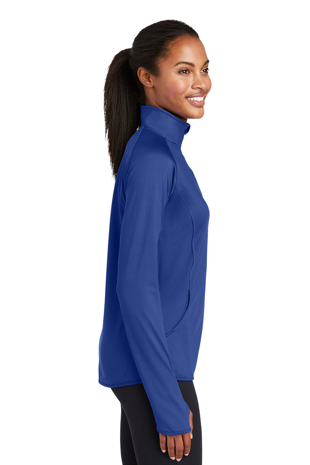 Sport-Tek LST850 Womens Sport-Wick Moisture Wicking 1/4 Zip Sweatshirt True Royal Blue Model Side