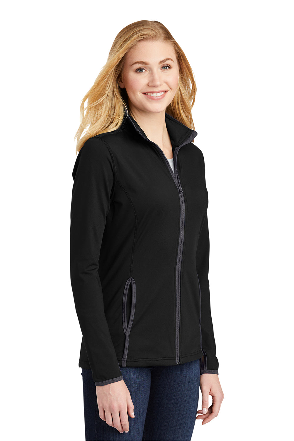 Sport-Tek LST853 Womens Sport-Wick Moisture Wicking Full Zip Jacket Black/Charcoal Grey Model 3q