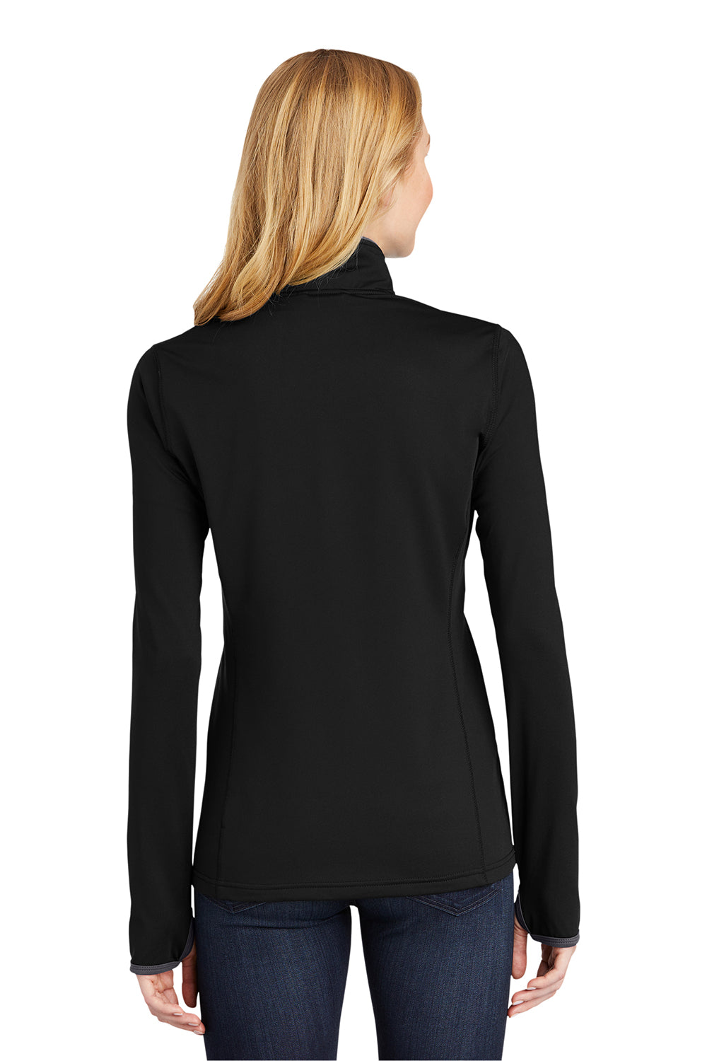 Sport-Tek LST853 Womens Sport-Wick Moisture Wicking Full Zip Jacket Black/Charcoal Grey Model Back