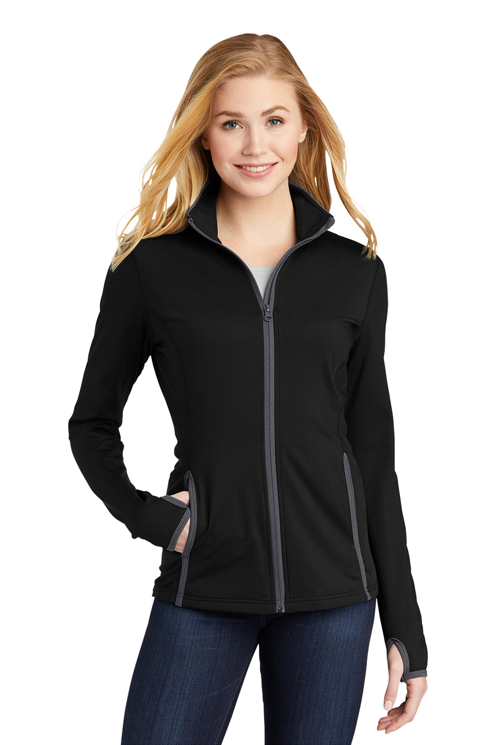 Sport-Tek LST853 Womens Sport-Wick Moisture Wicking Full Zip Jacket Black/Charcoal Grey Model Front