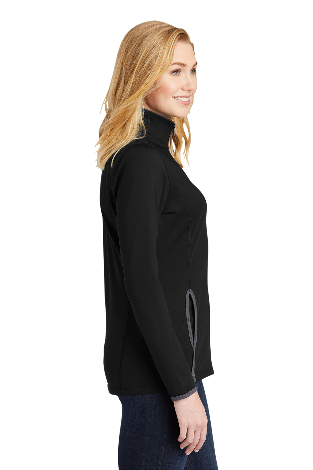 Sport-Tek LST853 Womens Sport-Wick Moisture Wicking Full Zip Jacket Black/Charcoal Grey Model Side