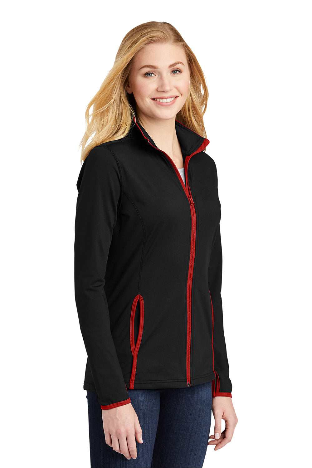 Sport-Tek LST853 Womens Sport-Wick Moisture Wicking Full Zip Jacket Black/True Red Model 3q