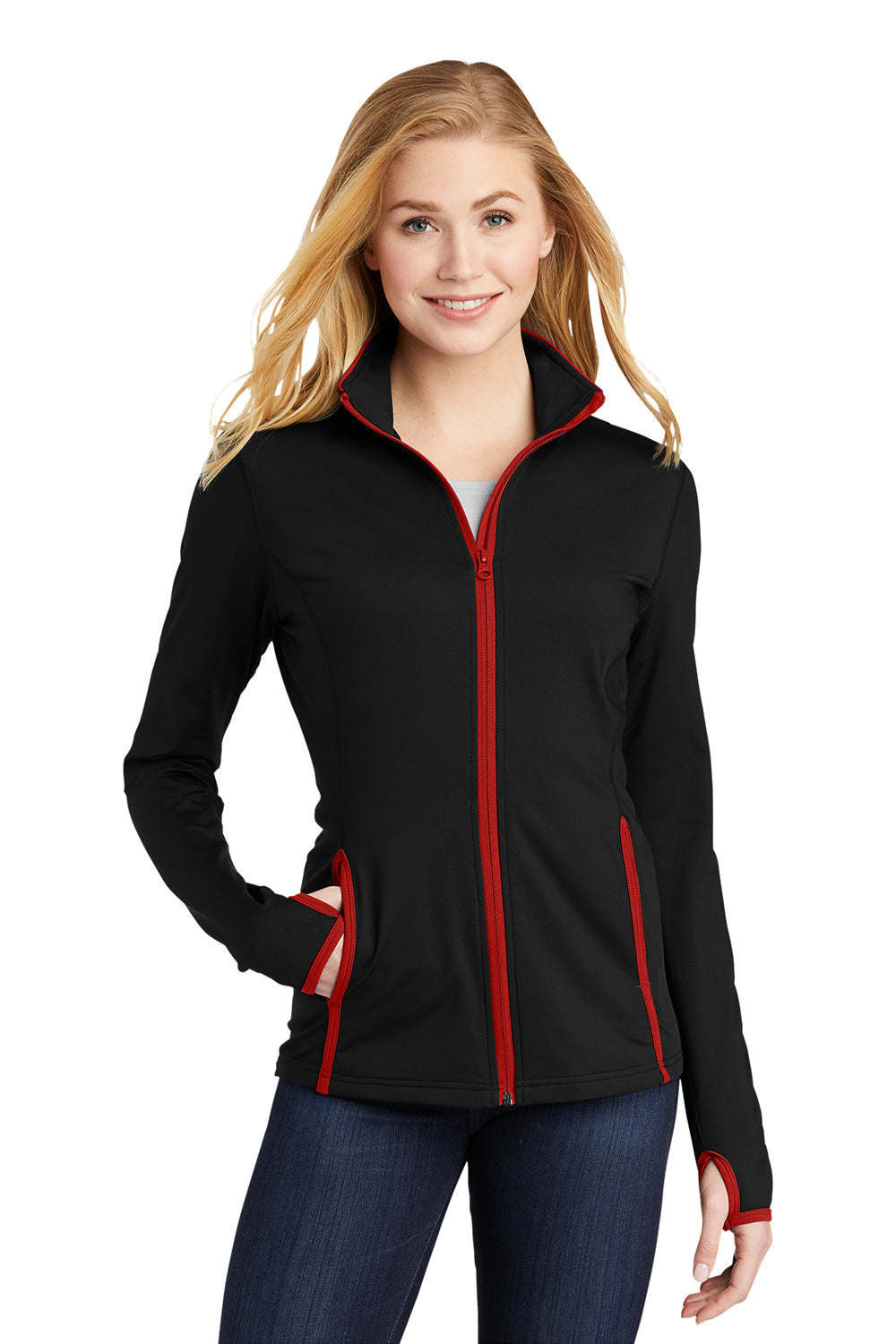 Sport-Tek LST853 Womens Sport-Wick Moisture Wicking Full Zip Jacket Black/True Red Model Front