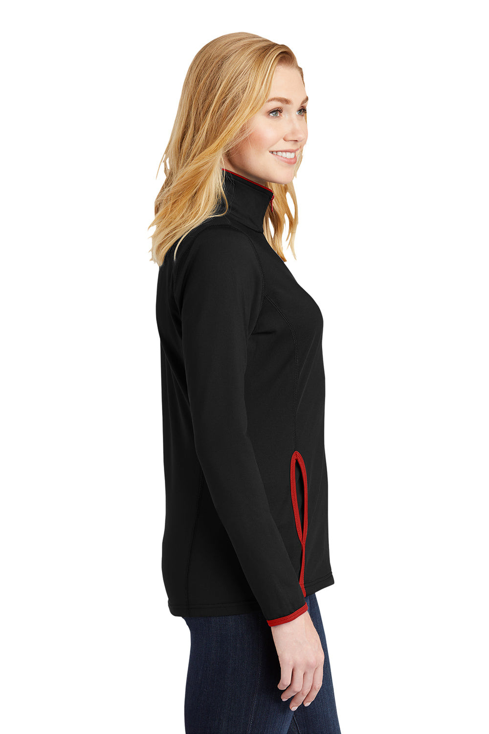 Sport-Tek LST853 Womens Sport-Wick Moisture Wicking Full Zip Jacket Black/True Red Model Side