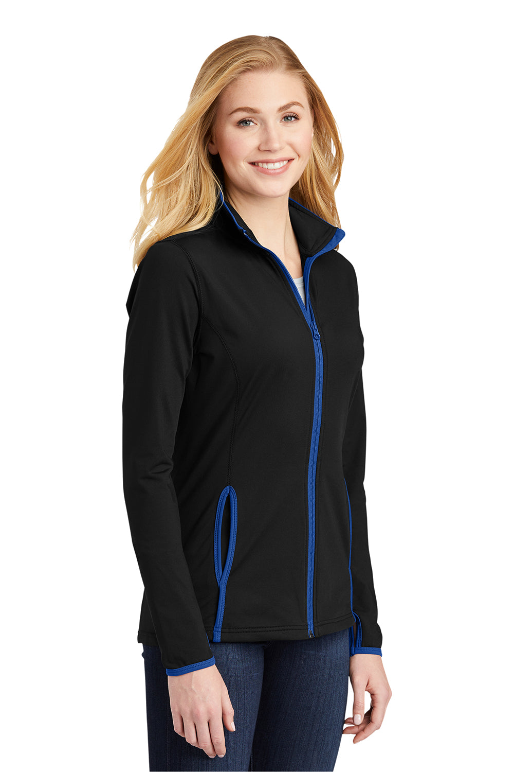 Sport-Tek LST853 Womens Sport-Wick Moisture Wicking Full Zip Jacket Black/True Royal Blue Model 3q