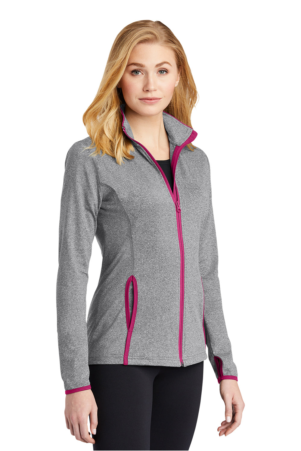 Sport-Tek LST853 Womens Sport-Wick Moisture Wicking Full Zip Jacket Heather Charcoal Grey/Pink Rush Model 3q