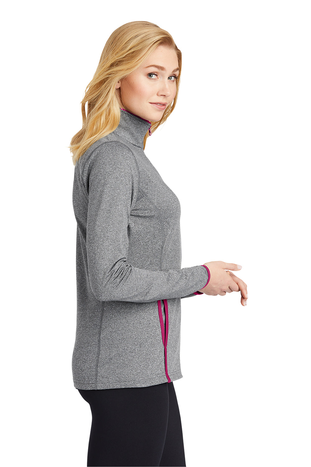 Sport-Tek LST853 Womens Sport-Wick Moisture Wicking Full Zip Jacket Heather Charcoal Grey/Pink Rush Model Side