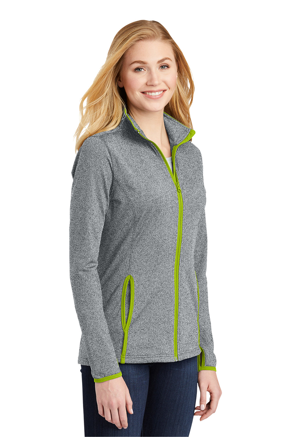 Sport-Tek LST853 Womens Sport-Wick Moisture Wicking Full Zip Jacket Heather Charcoal Grey/Charge Green Model 3q