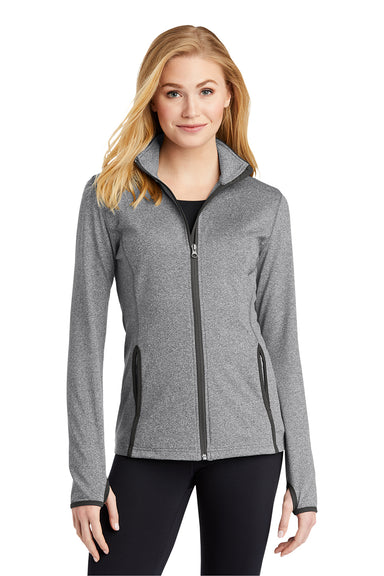 Sport-Tek LST853 Womens Sport-Wick Moisture Wicking Full Zip Jacket Heather Charcoal Grey/Charcoal Grey Model Front