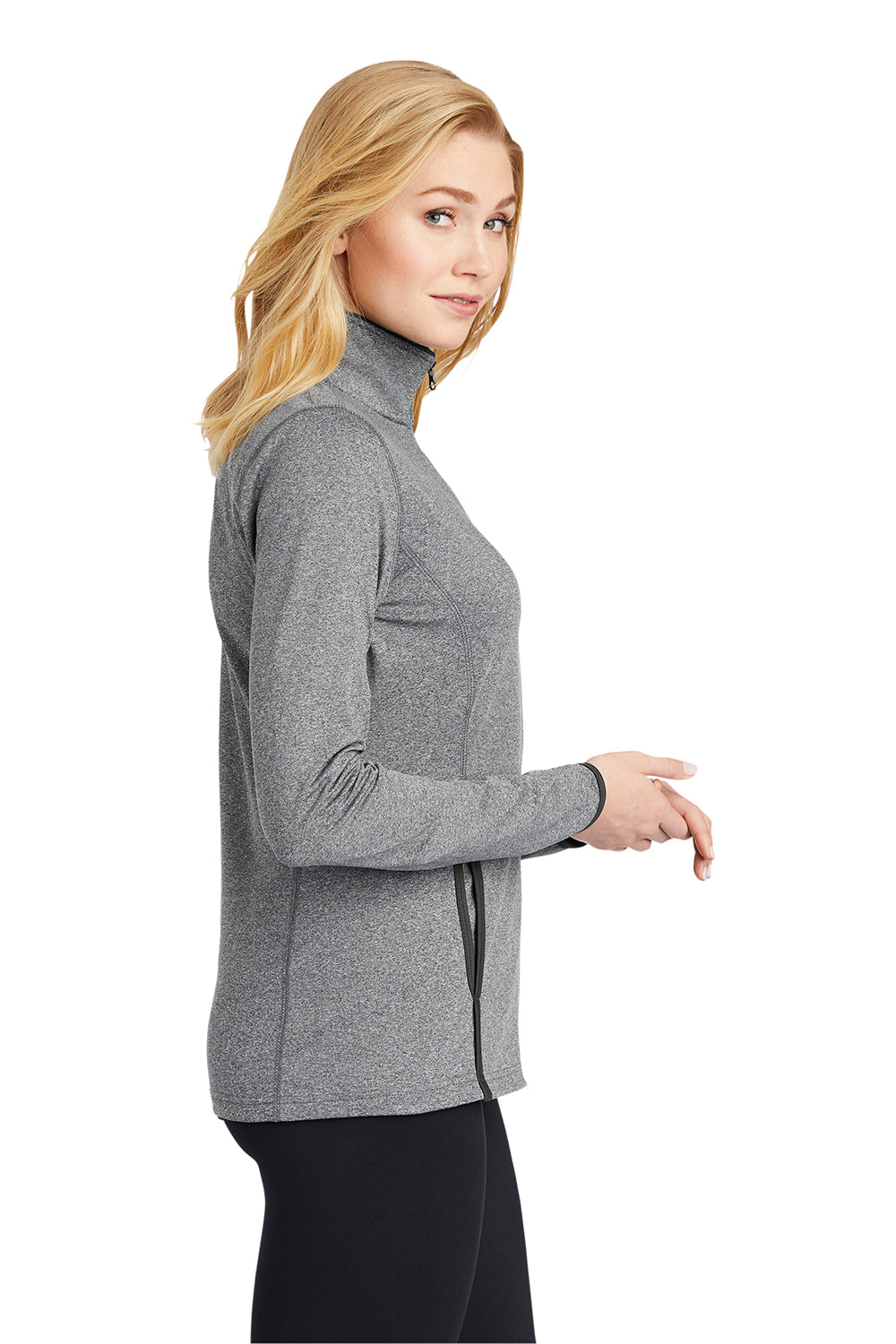 Sport-Tek LST853 Womens Sport-Wick Moisture Wicking Full Zip Jacket Heather Charcoal Grey/Charcoal Grey Model Side