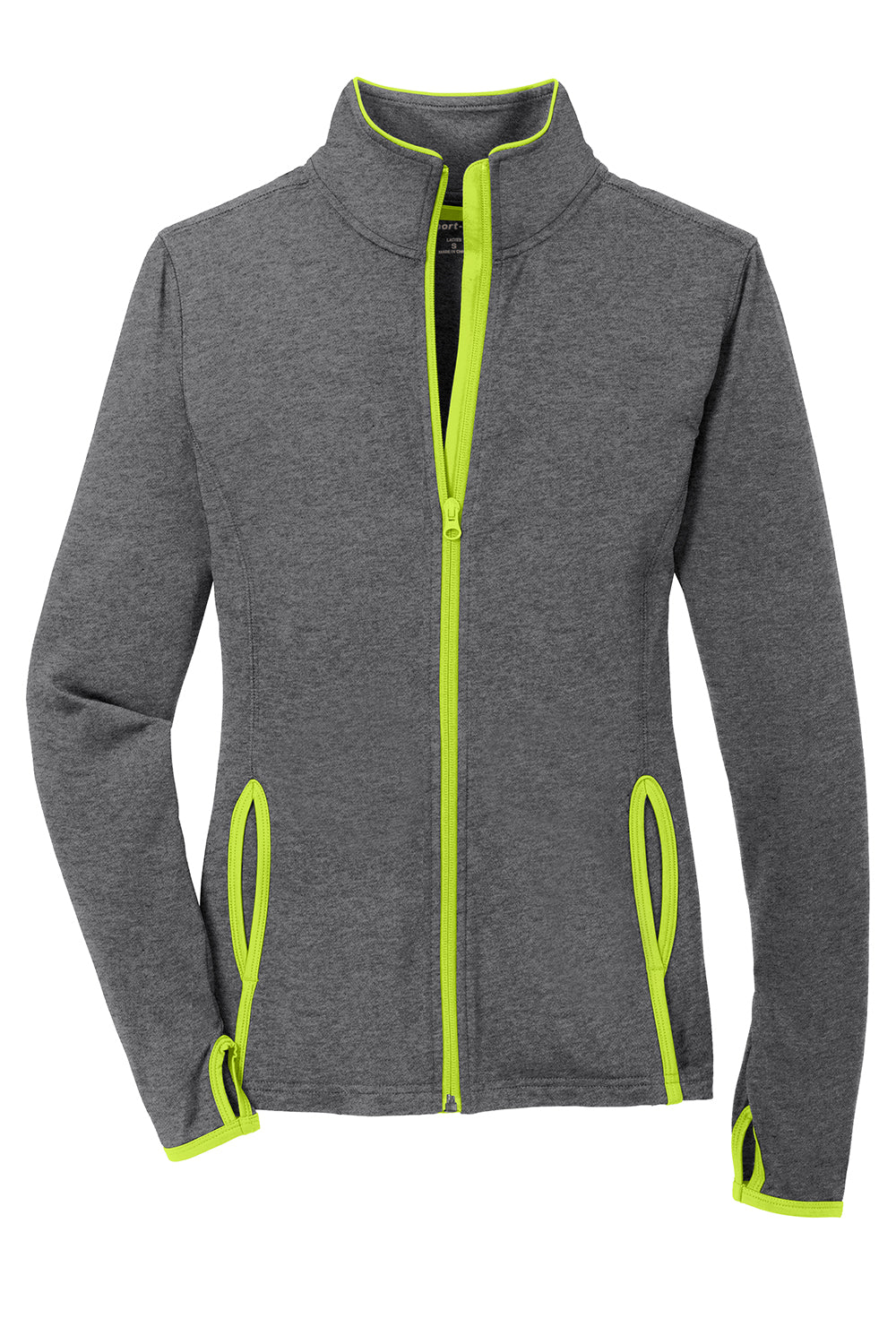 Sport-Tek LST853 Womens Sport-Wick Moisture Wicking Full Zip Jacket Heather Charcoal Grey/Charge Green Flat Front