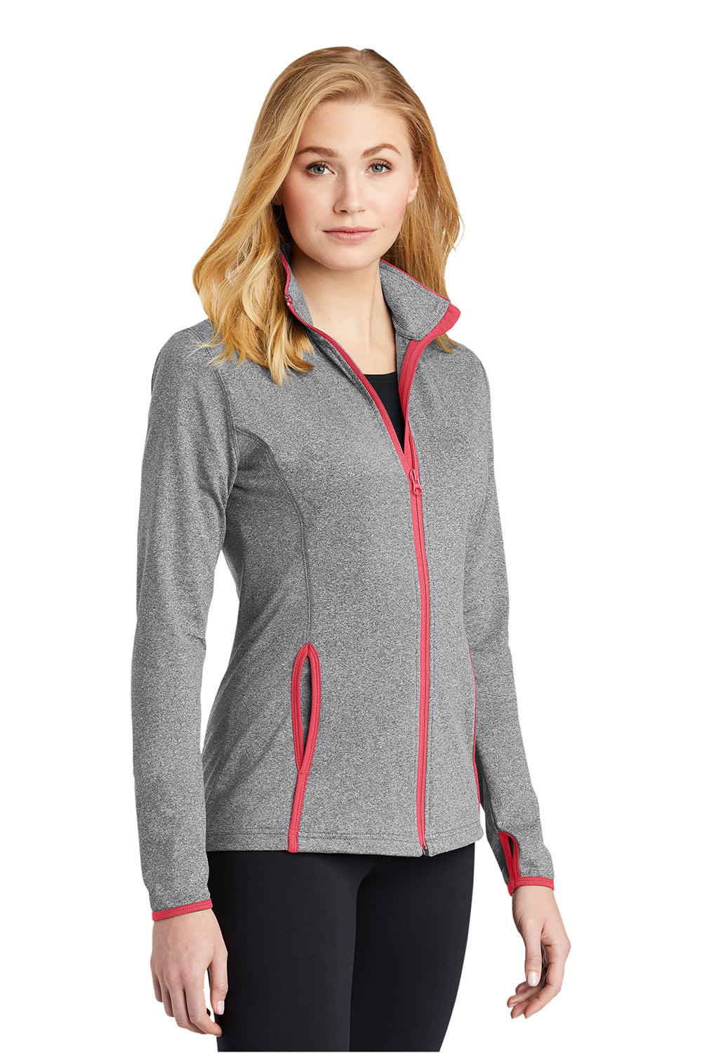 Sport-Tek LST853 Womens Sport-Wick Moisture Wicking Full Zip Jacket Heather Charcoal Grey/Hot Coral Pink Model 3q