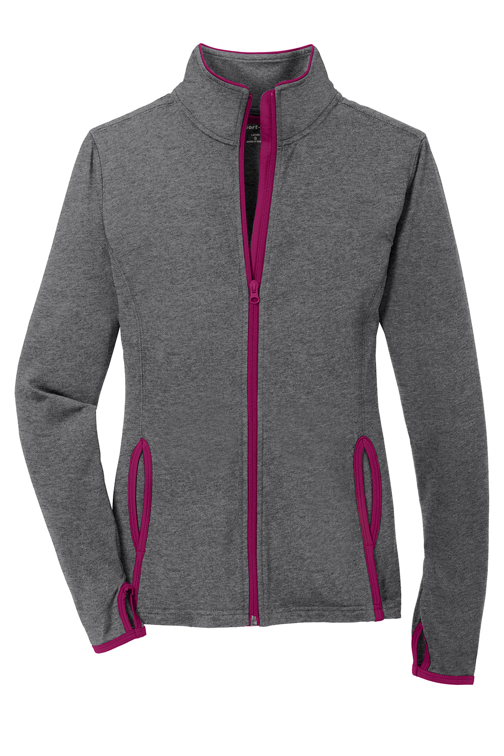 Sport-Tek LST853 Womens Sport-Wick Moisture Wicking Full Zip Jacket Heather Charcoal Grey/Pink Rush Flat Front