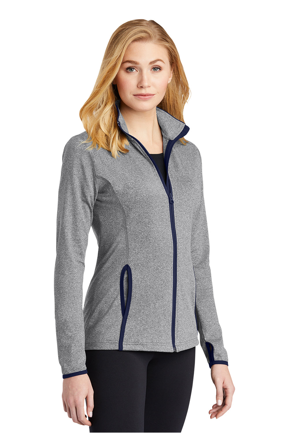 Sport-Tek LST853 Womens Sport-Wick Moisture Wicking Full Zip Jacket Heather Charcoal Grey/True Navy Blue Model 3q