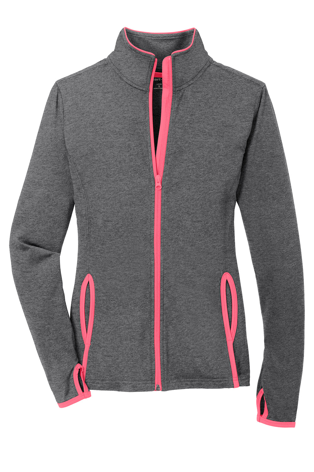 Sport-Tek LST853 Womens Sport-Wick Moisture Wicking Full Zip Jacket Heather Charcoal Grey/Hot Coral Pink Flat Front