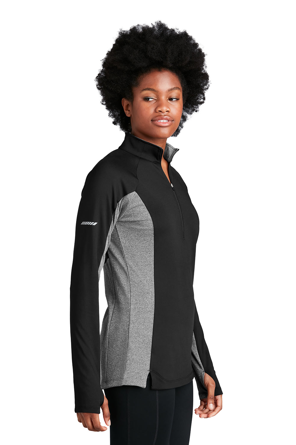 Sport-Tek LST854 Womens Sport-Wick Moisture Wicking 1/4 Zip Sweatshirt Black/Heather Charcoal Grey Model Side