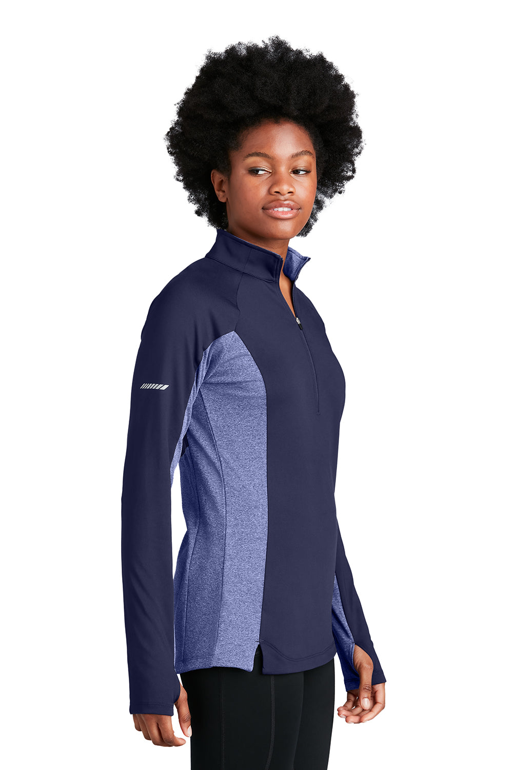 Sport-Tek LST854 Womens Sport-Wick Moisture Wicking 1/4 Zip Sweatshirt True Navy Blue/Heather True Navy Blue Model Side