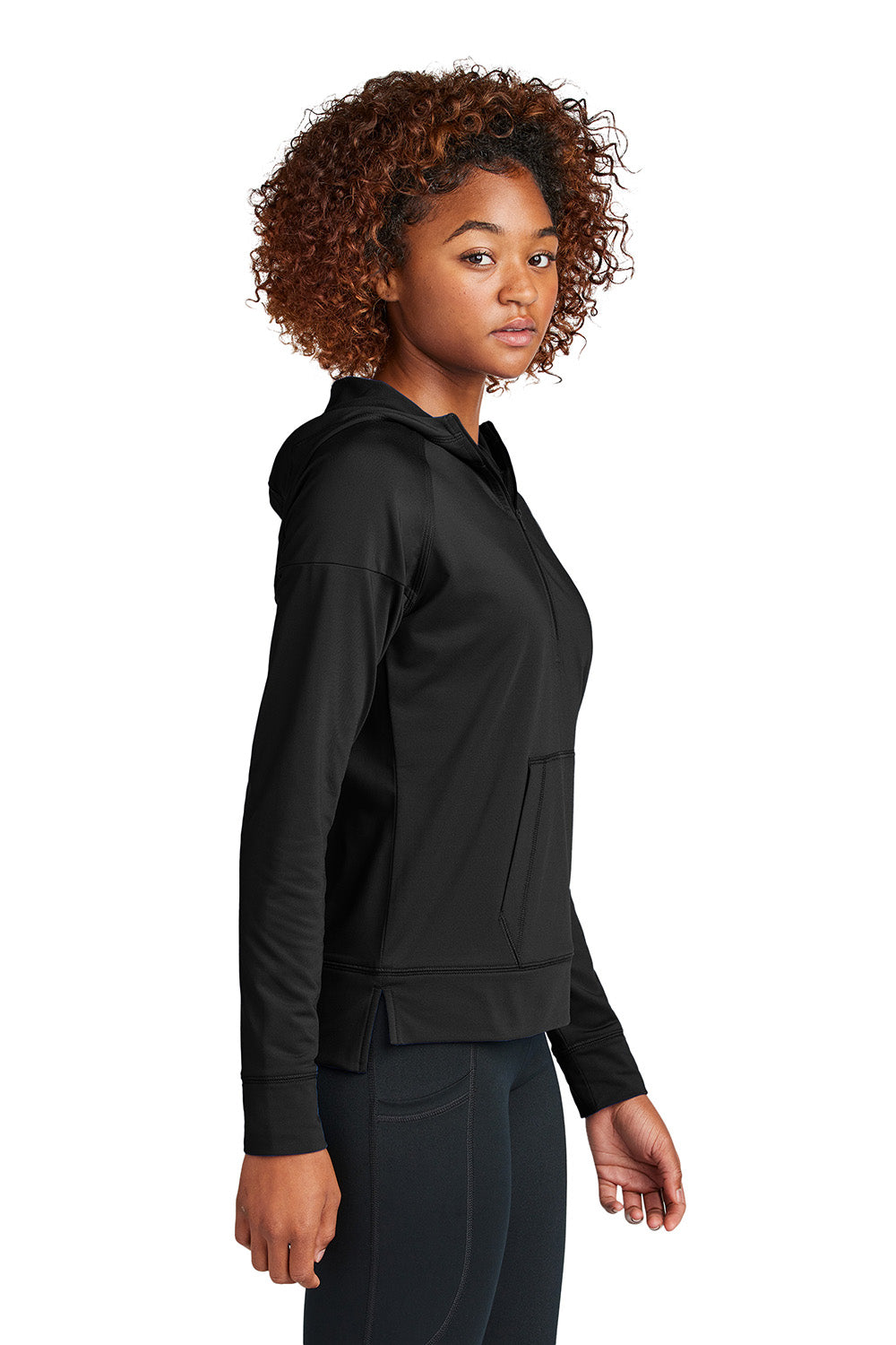 Sport-Tek LST856 Womens Sport-Wick Stretch 1/4 Zip Hooded Sweatshirt Hoodie Black Model Side