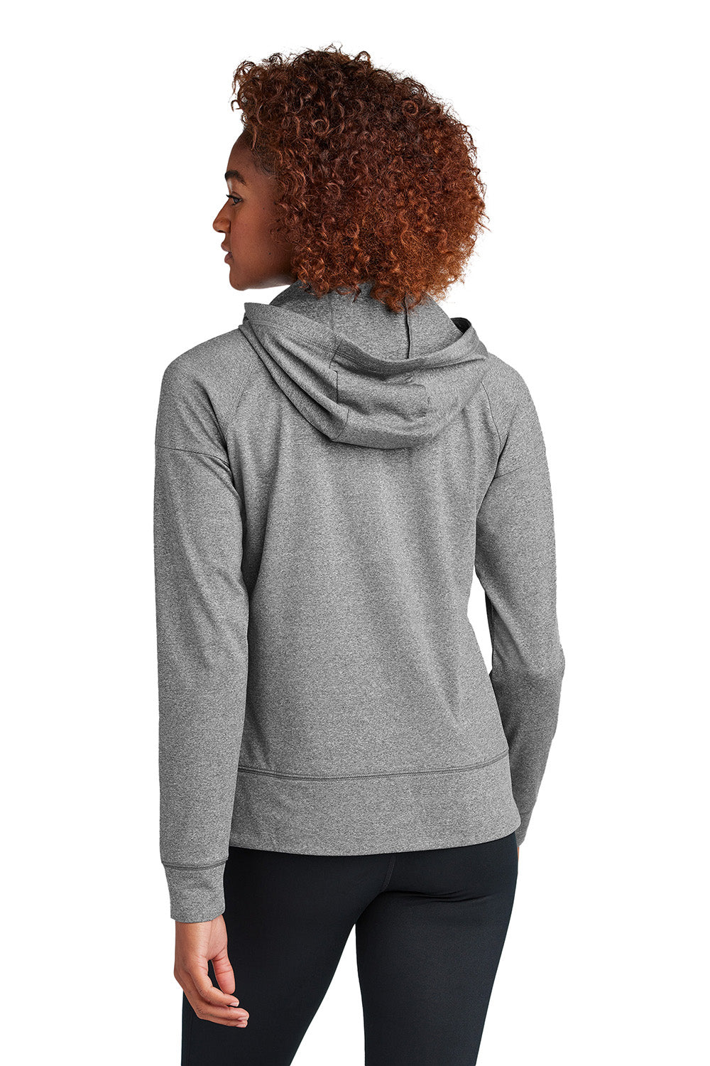 Sport-Tek LST856 Womens Sport-Wick Stretch 1/4 Zip Hooded Sweatshirt Hoodie Heather Charcoal Grey Model Back