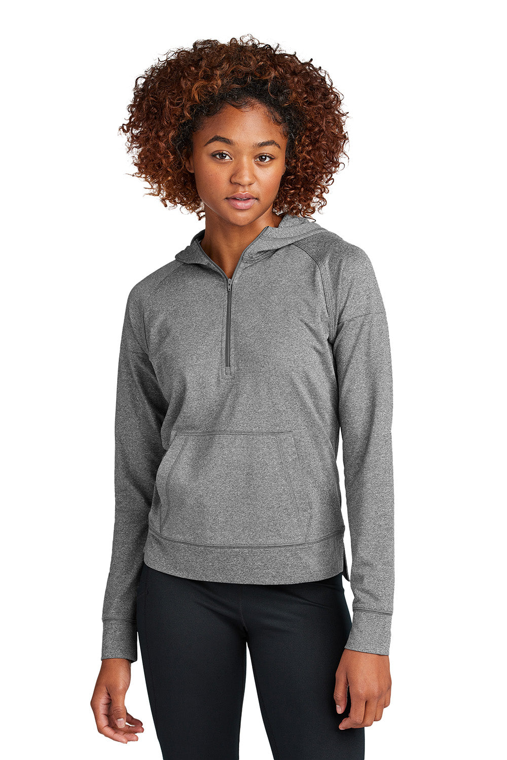 Sport-Tek LST856 Womens Sport-Wick Stretch 1/4 Zip Hooded Sweatshirt Hoodie Heather Charcoal Grey Model Front