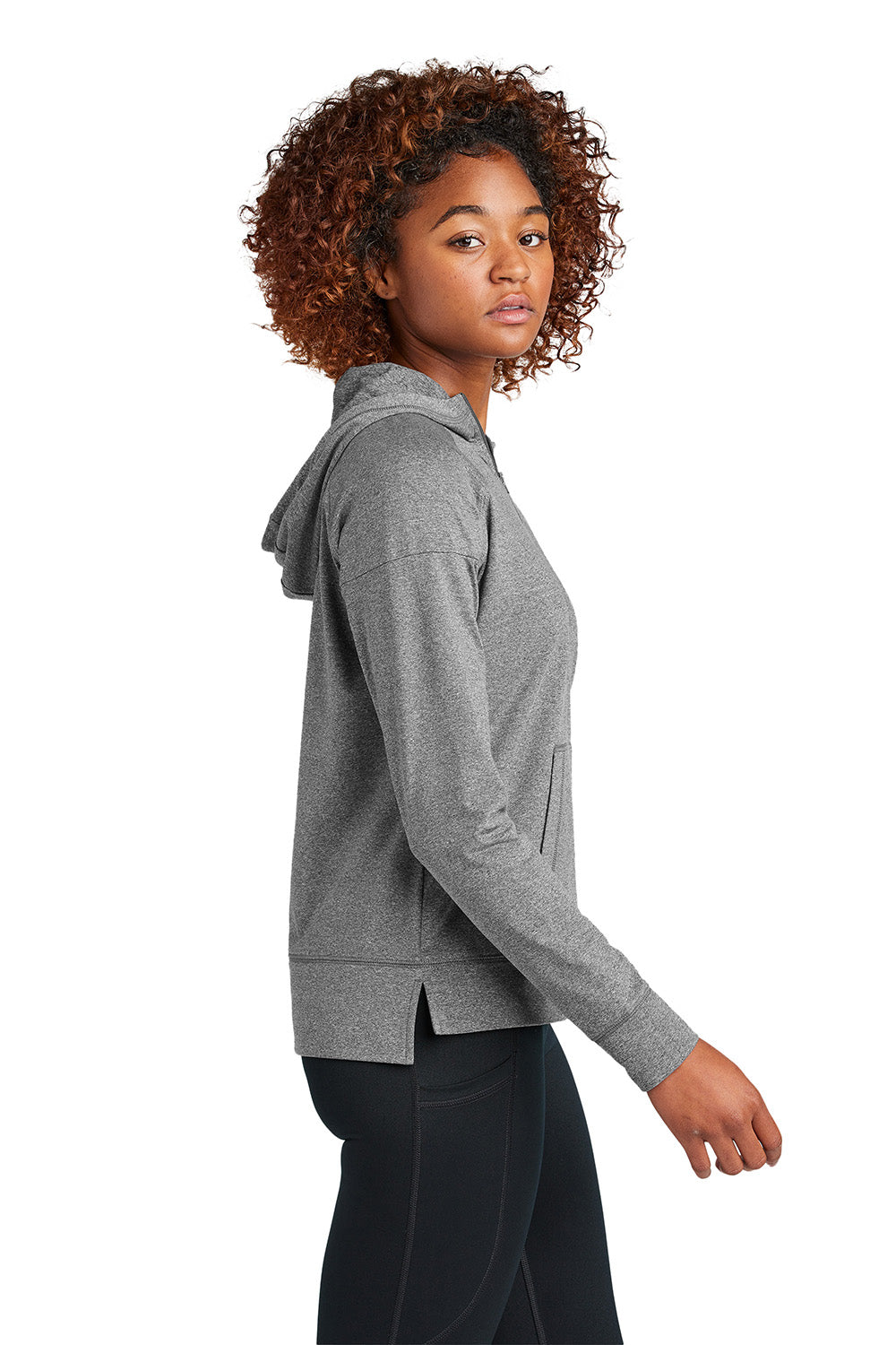 Sport-Tek LST856 Womens Sport-Wick Stretch 1/4 Zip Hooded Sweatshirt Hoodie Heather Charcoal Grey Model Side