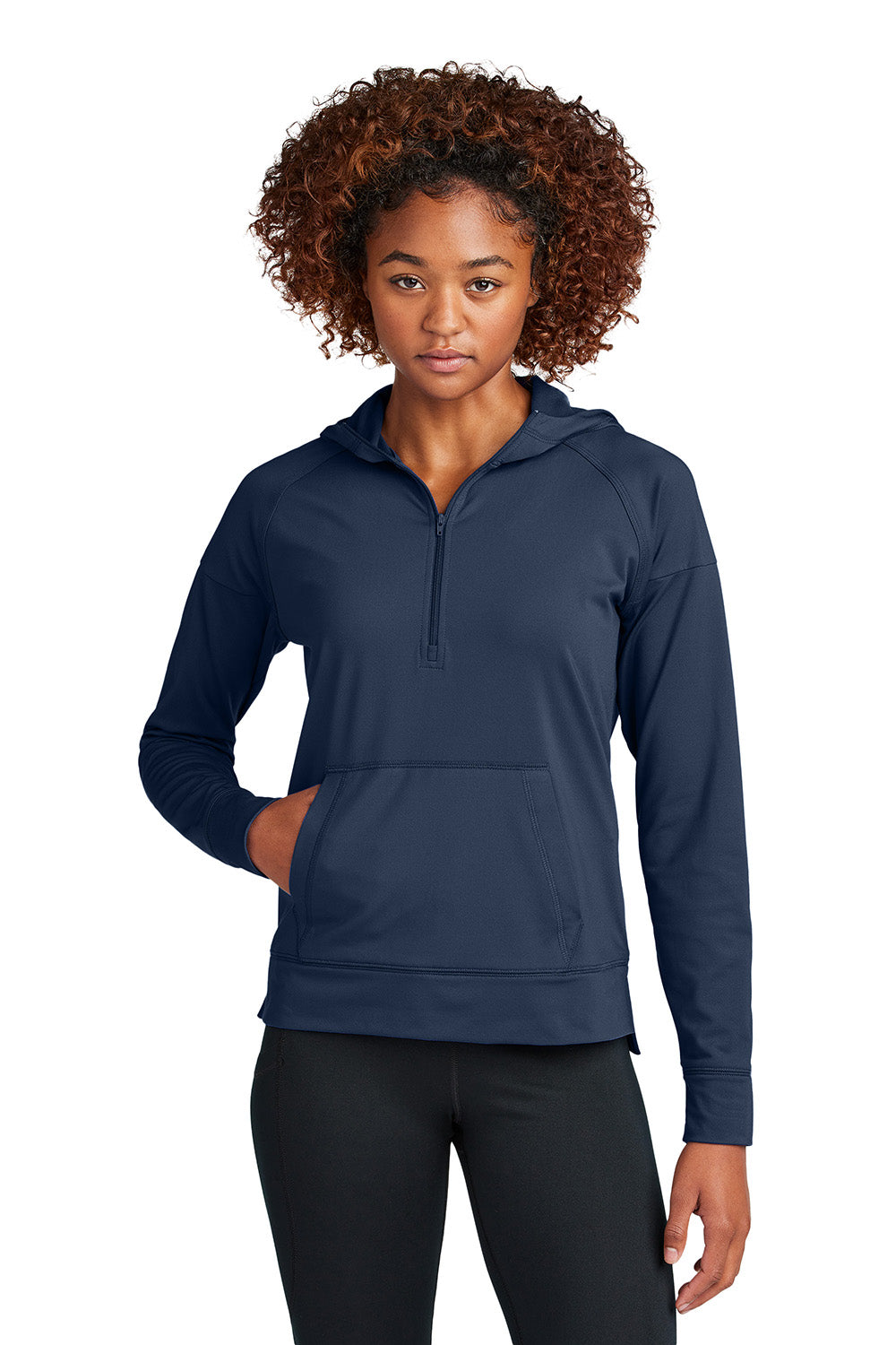 Sport-Tek LST856 Womens Sport-Wick Stretch 1/4 Zip Hooded Sweatshirt Hoodie True Navy Blue Model Front