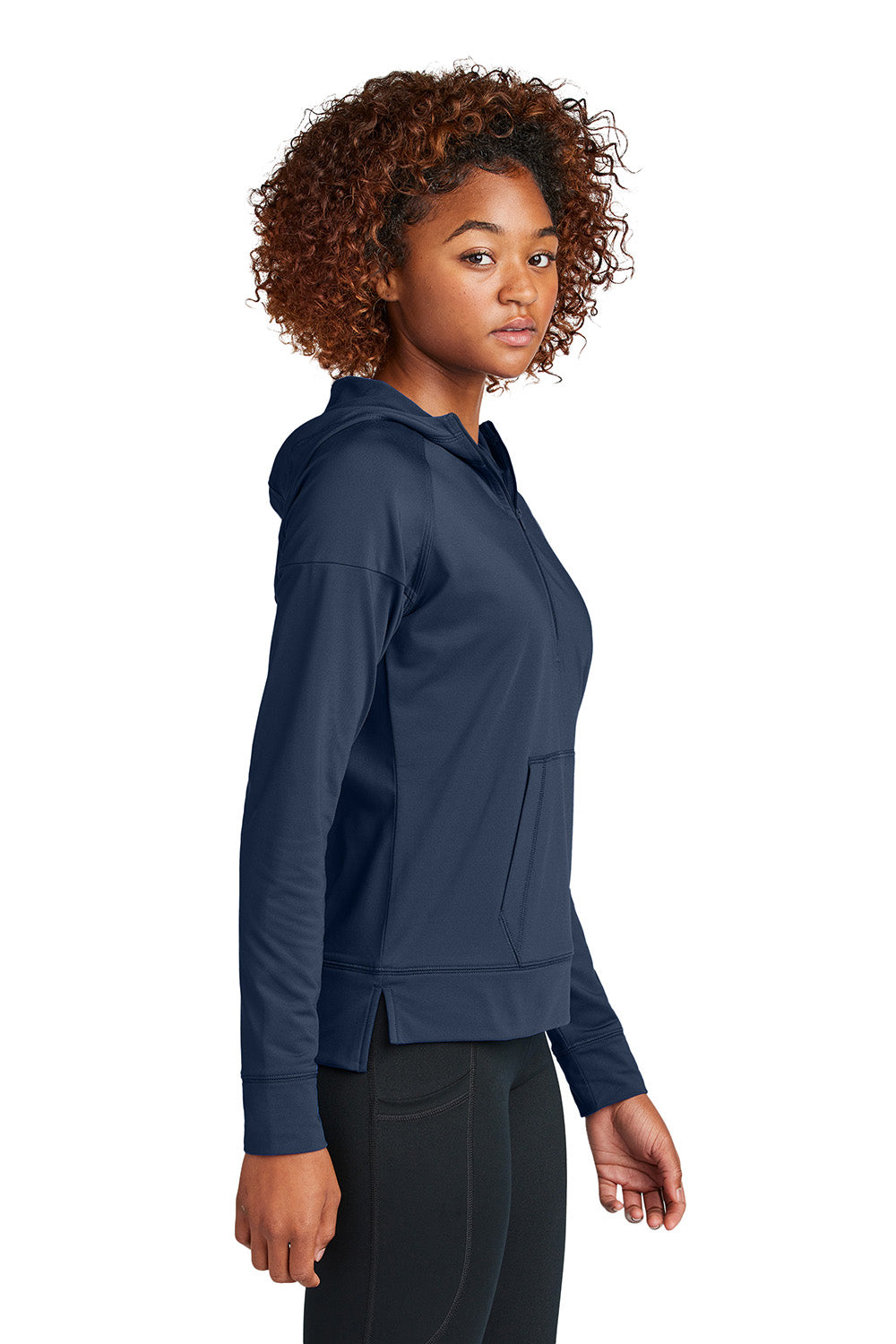 Sport-Tek LST856 Womens Sport-Wick Stretch 1/4 Zip Hooded Sweatshirt Hoodie True Navy Blue Model Side